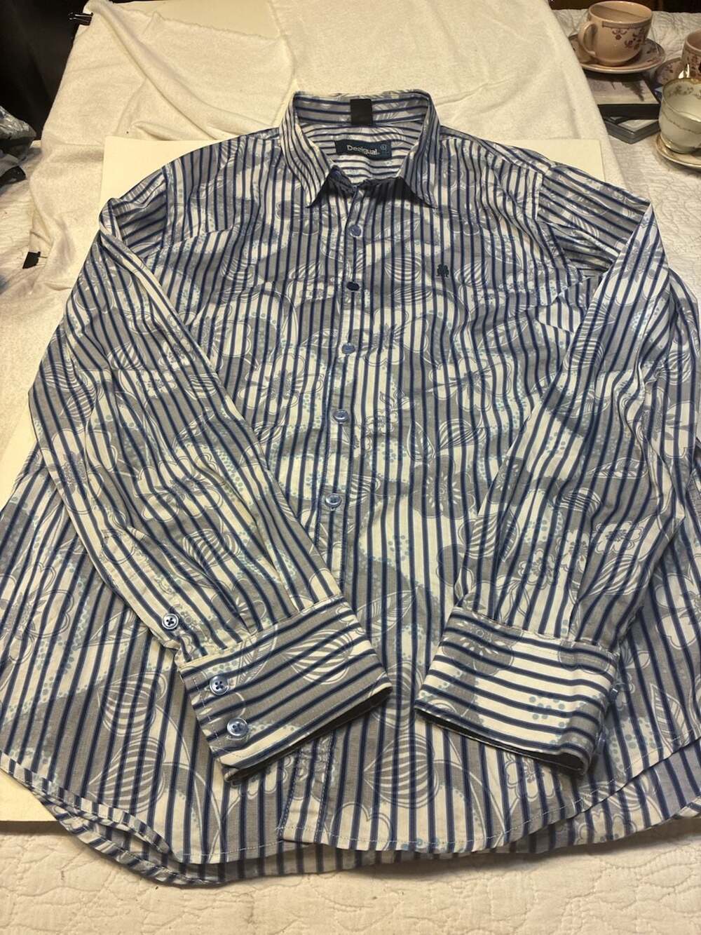 Desigual Button Down Shirt Size L Blue Striped Floral Long Sleeve